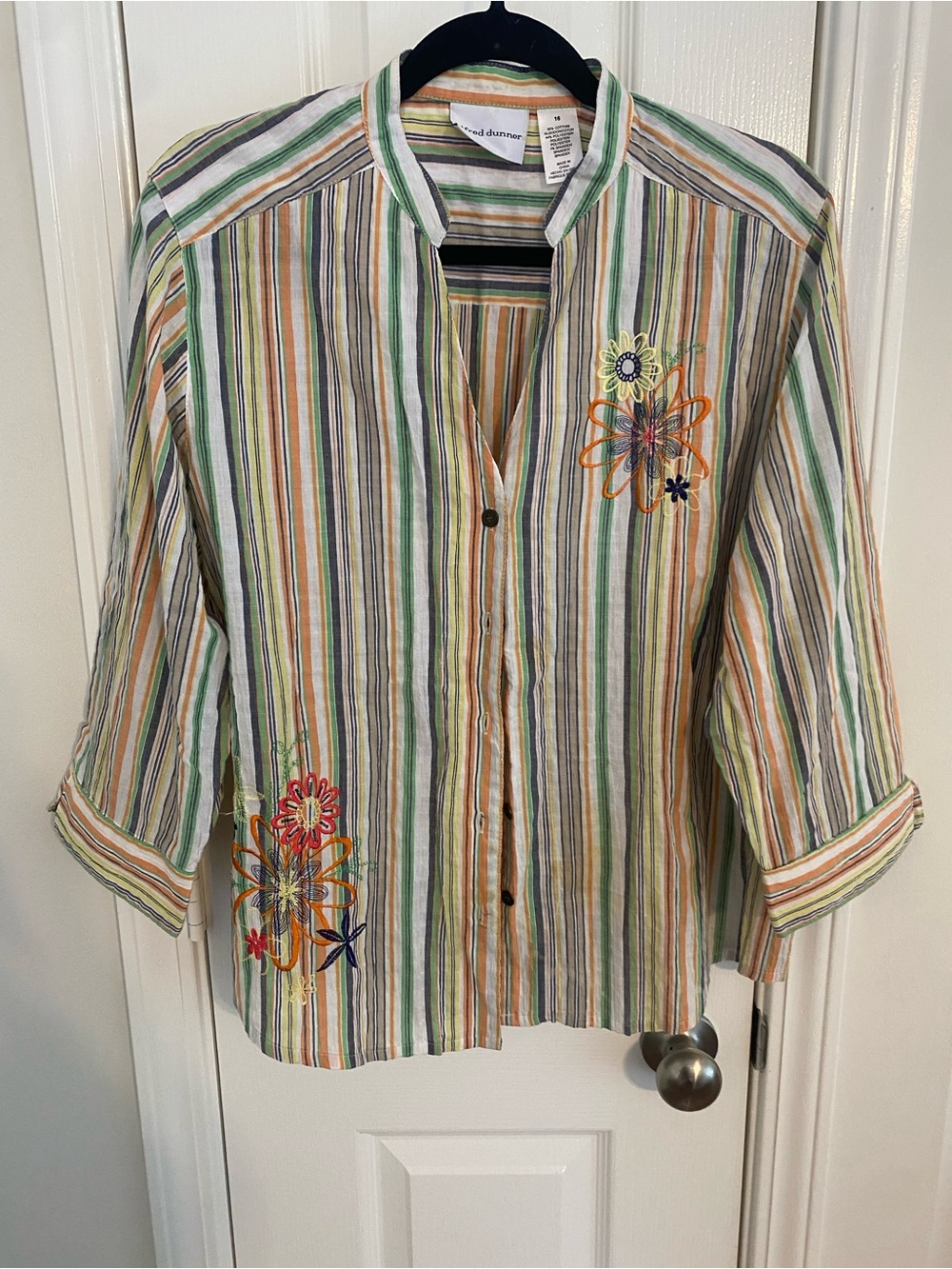 Alfred Dunner Striped Multicolor Button-Front Shirt with Floral Embroidery